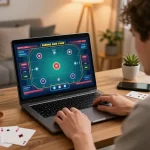 Engaging online poker gameplay on laptop showcasing tg88 strategies in a cozy home setting.