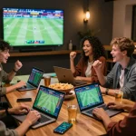 Friends intensely placing sports bets using a debet app while enjoying a live game at home.