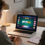 IWIN68 player engaged in online poker gaming at home, cozy atmosphere with strategy notes.