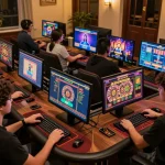 View of players engaging with various casino games on o8 platform in a cozy home environment.