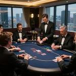 Gamblers enjoying a strategic game at iwin club's luxurious VIP poker table.