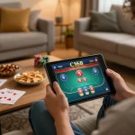 Player engaging in C168 com casino games at home with tablet and snacks, showcasing online gambling experience.