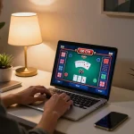 Menghadapi permainan 100 cuci dalam talian dengan persediaan bergaya, mempamerkan aksi poker di laptop.