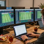 Engaging online sports betting atmosphere showcasing tỷ lệ bóng đá with multiple betting screens and strategy notes.