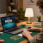 Player enjoying blackjack on BK8, surrounded by a cozy home atmosphere, focusing on strategic gameplay.