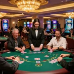 Players strategizing on poker tables while betting on BOTUNA555, surrounded by luxury decor and vibrant casino lights.