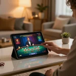 uu88 player engaging in blackjack on tablet in stylish home office setting.