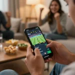 Pemain terlibat dalam taruhan olahraga di smartphone sambil menikmati waktu bersama teman-teman, wawasan defineyouniversity tentang strategi.