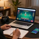 Hubet player strategizing during live dealer blackjack session at home