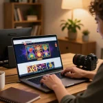 Situs resmi INDOSLOT88 gaming setup with laptop and vibrant slot games, showcasing online gambling excitement