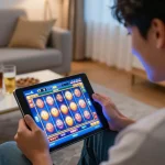 Pemain meraikan kemenangan sambil menikmati permainan slot dalam talian malaysia yang mendebarkan di tablet.