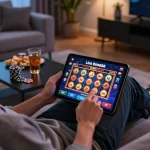 Experience immersive gaming with Link Bong88 app on a cozy sofa, enjoying online casino action.
