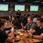 Fans engaging in sports betting with soc88 app while enjoying live sports at a lively sports bar