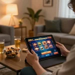 Engaging in the 258bet download app while enjoying a cozy home gaming experience with snacks and drinks.