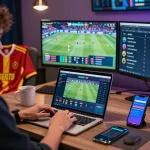 SBOBET betting scene with a person placing bets at a modern workspace with sports highlights.