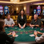 Players enjoying blackjack at an upscale casino table, showcasing HM88 strategic moments and excitement.