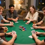Teman-teman menikmati malam poker di rumah yang menyenangkan saat mereka terlibat dan merencanakan strategi, menyoroti kegembiraan permainan bertema tamilmp3plus.