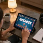 Casino online gaming setup with a player preparing to place a bet on a tablet.