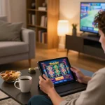 Misteribet online gaming session on tablet, engaging in strategic gameplay with almlive in a cozy home setting.