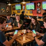 Engaged patrons using mobile devices to place bets at nhà cái in a lively sports bar environment