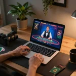 Engaged player using laptop for 789P live dealer blackjack in a cozy gaming setup