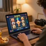 Pemain menikmati permainan slot hargatoto secara online di pengaturan rumah yang nyaman dengan pencahayaan hangat dan camilan.