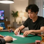 Engaging in game bài đổi thưởng at home, focusing on online poker gameplay with inviting atmosphere.