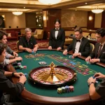 Experience the excitement of rr88 with players engaged at a roulette table in a luxurious casino setting.