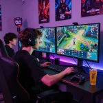 Intense esports betting scene from the Singapore esports betting guide, featuring a gamer focused on live tournaments and betting odds.