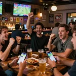 Cheering crowd engaged in sports betting at a lively bar, f8beta2 showing smartphones and screens