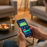 Engaging in sports betting on vipwin with smartphone in a cozy home gaming setup