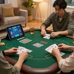 megaplus88 players enjoying a strategic online blackjack game at home in a cozy setting