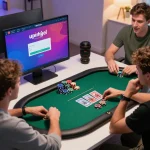 Engaging online casino scene with upintogel login interface, capturing players' strategic poker moments.