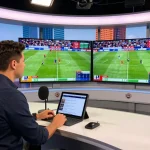 Live sports commentary scene showcasing trực tiếp socolive with dynamic studio ambiance and soccer match highlights.