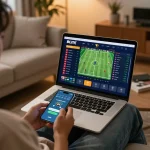 Player placing bets on LV88 sports betting interface in a cozy living room