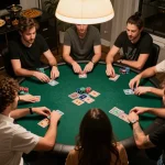Players enjoying a poker night at home, focusing on cm88 strategies and community cards.