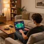 Person enjoying online poker at home through ho88 platform in a cozy living space