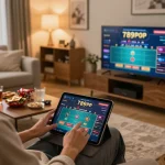 Player enjoying live dealer games on 789P in stylish home setting, conveying excitement and engagement