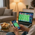 Placing bets on xx88 com using a smartphone in a cozy home environment during a sports game