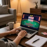 Person engaging with ALO8 online casino on laptop at home, showcasing live dealer action.