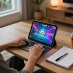 Player enjoying xocdia88 online gameplay on a tablet, showcasing a strategic home gaming setup.
