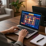 Engaging with GO88's online slots interface at home, showcasing strategic gameplay