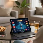 Engaging in F168 online poker gameplay on a tablet in a cozy living room atmosphere.