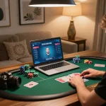 Botanicabali poker player analyzing hand in stylish home gaming setup during intense gameplay.