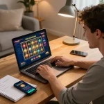 Engaged player exploring link mpo777 for the latest online slots in a cozy home setup.