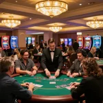Engaging players at the nhà cái casino enjoying poker under warm chandeliers.