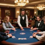 High-stakes players engaged in intense poker game at fabet, showcasing luxurious VIP gaming area