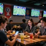 Excited patrons engaging in sports betting at BK8 during a live event with multiple screens displayed