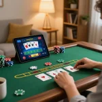 Kuwin user playing blackjack on a tablet in a cozy home setting, emphasizing responsible gaming.