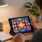Cucu777 player enjoying slot action on tablet in a cozy home setting with strategic notes